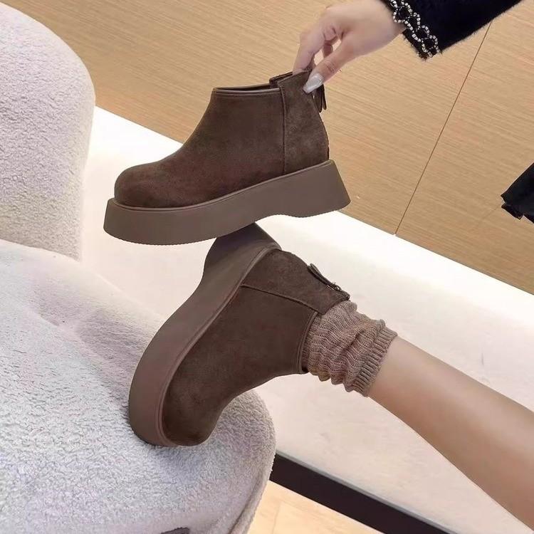 Thick-soled Winter Snow Boots Women's 2025 New Round Head Fleece Short Boots Muffin Back Zipper British Cotton Shoes