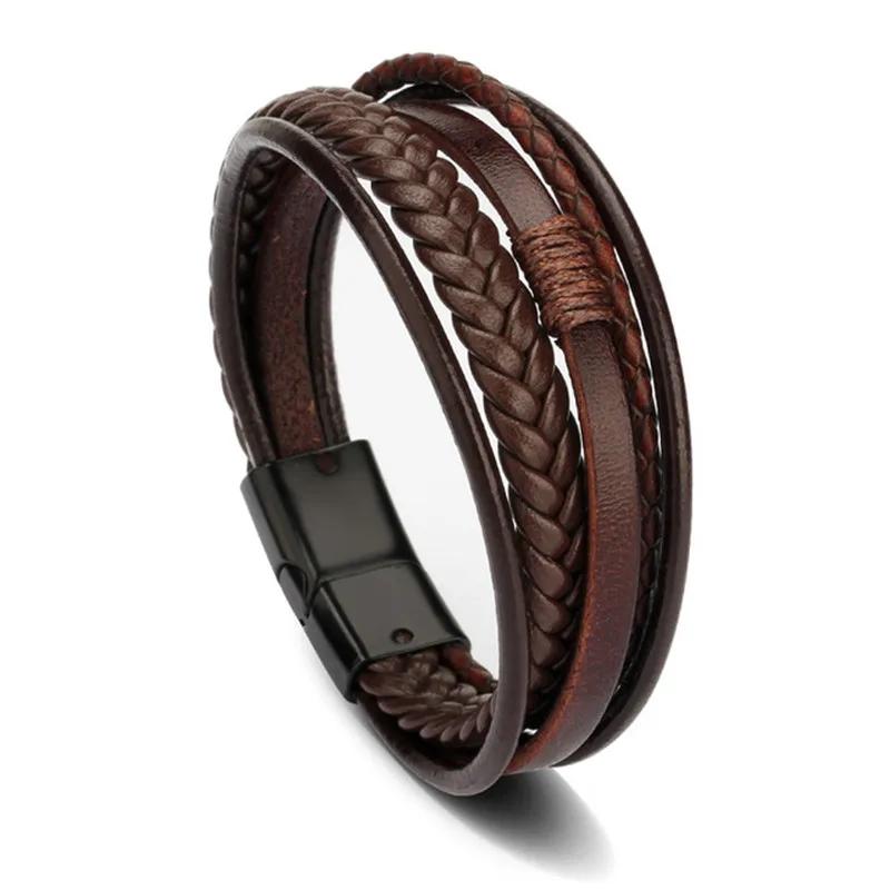 Charmsmic New Mens Magnetic Leather Bracelets Handmade Braided Multilayer Cord Ethnic Jewelry Accessories Male Armband Gifts