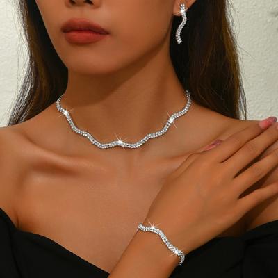 2025 New Design Elegant Necklace Earrings Bracelet Set Rhinestone Clavicle Chain Suitable For Bridal Wedding Dinner Party Gifts