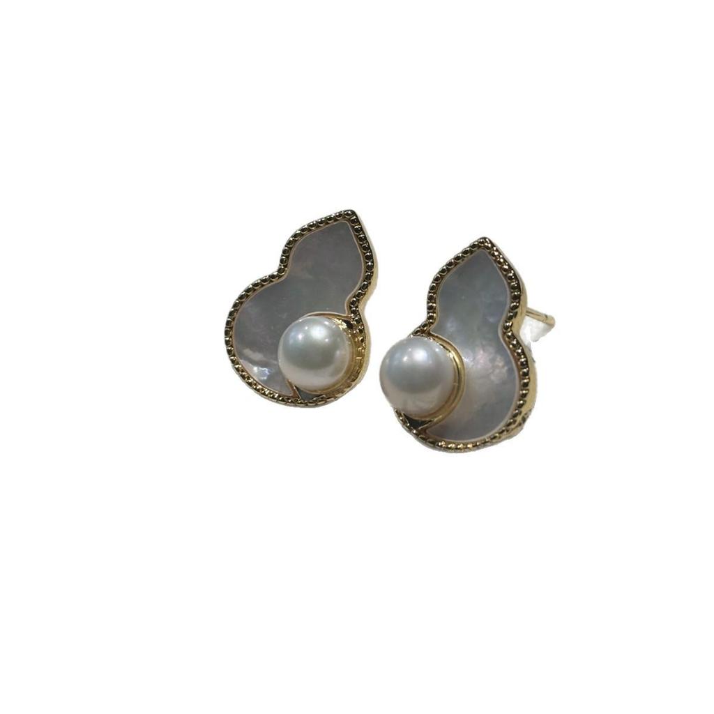S925 Sterling Silver Earrings with Gentle Gourd Design and 6mm Freshwater Pearls
