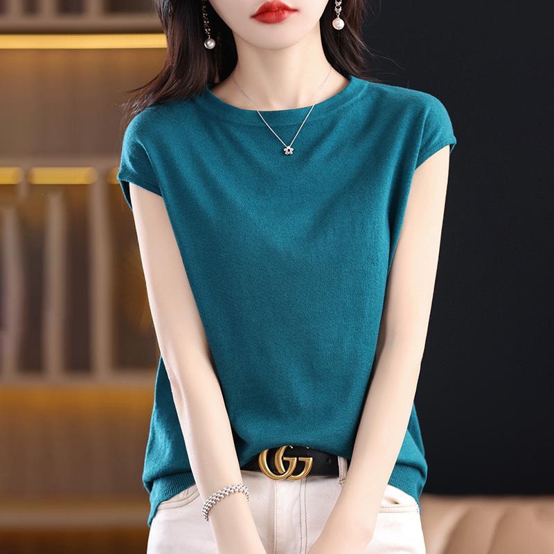 Knitted Sweater Short-sleeved T-shirtround-neck Summer Short Top New Loose Slimming Vest