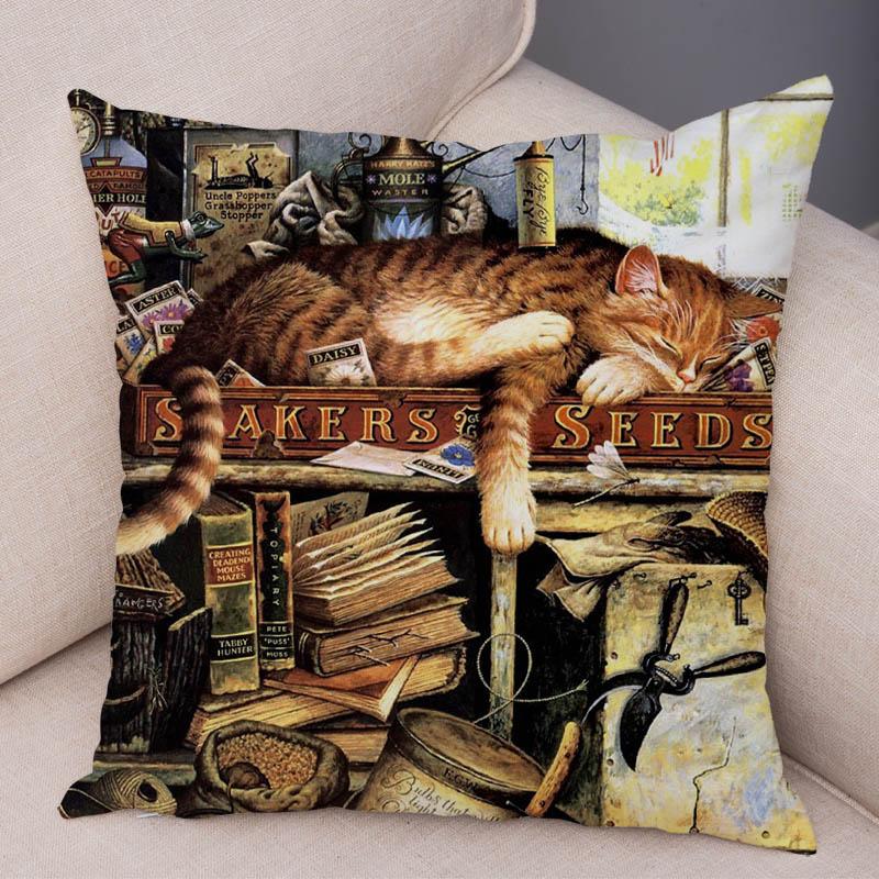 Oil Painting Color Cat Cushion Cover Pillowcase Home Decor Cartoon Animal Sofa Pillowcase Pillowcase Aesthetics