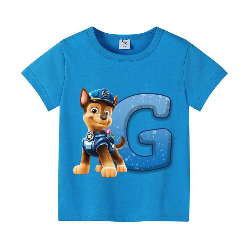 Cute PAW Patrol Blue T-shirt Boys Clothes Letter A-Z Printed Short Sleeve Cartoon Fashion Kids Birthday Toddler Cotton Tops Gift