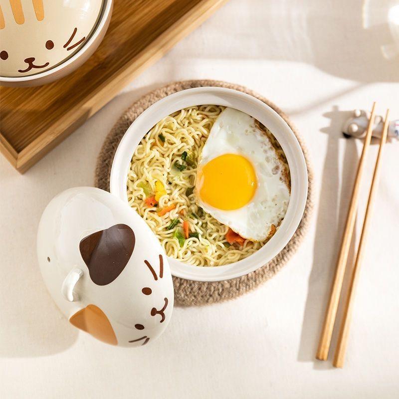 Japanese Cat Ceramic Noodle Bowl with Lid – Cute Ramen, Noodle, and Soup Bowl for Home or Gift