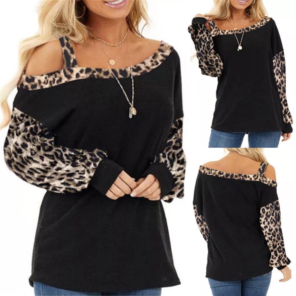 

Мода женщин Случайный леопард холодный плечо Длинные рукава Loose Pullover Топы