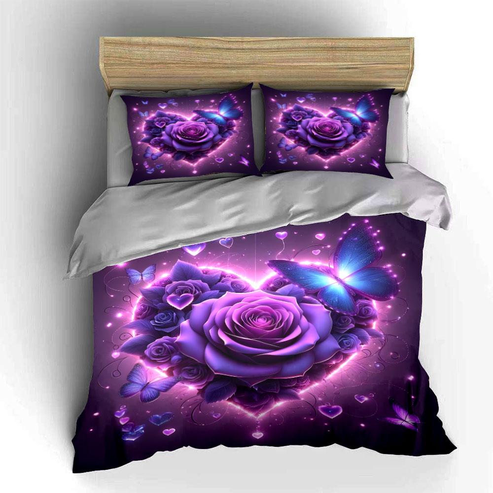 Dreamy Purple Roses And Butterfly Hearts Bedding Set For Kids Luxury Gift 3Pcs Digital Print Comforter Set Soft Comfortable