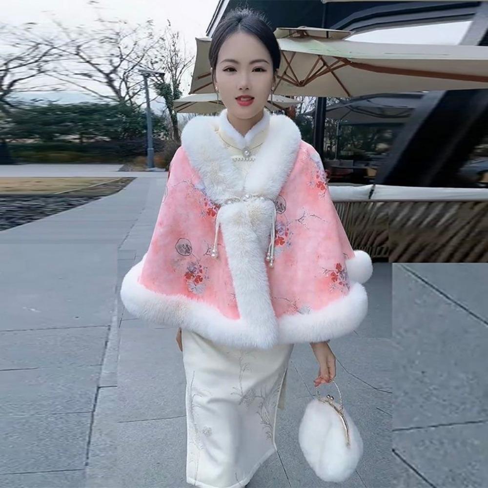 Gentle Fleece-linedthickened Cloak Shawl with Cheongsam Fall and Winterheattechoutwear