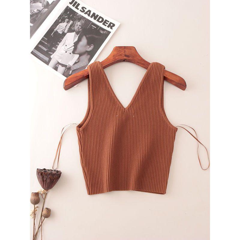 American Fashion Brand Double V Neck Rib Camisole Summer Sleeveless Fashion Fashion Solid Color Outerwear Knitting Tops