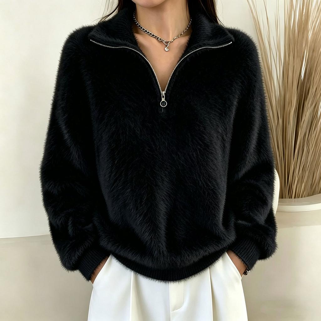 Damen Faux Pullover mit Rollkragen und Reißverschluss - Farblich gestricktes Oberteil für Freizeitkleidung