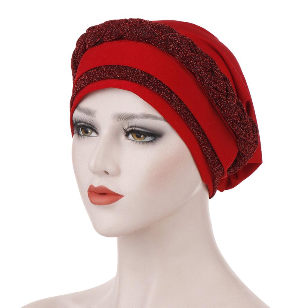 Glitter Pleated Turban Cap for Women Head Wraps Muslim Headscarf Hat Turbante Mujer African Headpiece