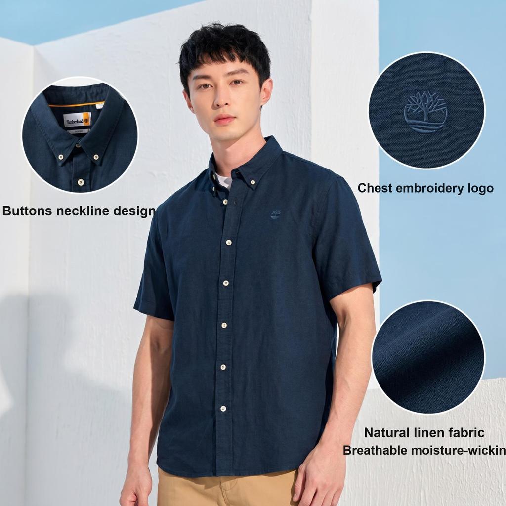 Timberland Solid Color Outdoor Casual Slim Fit Breathable Short Sleeve Shirt Men Shirts Deep-Sapphire-Blue A24WG-433