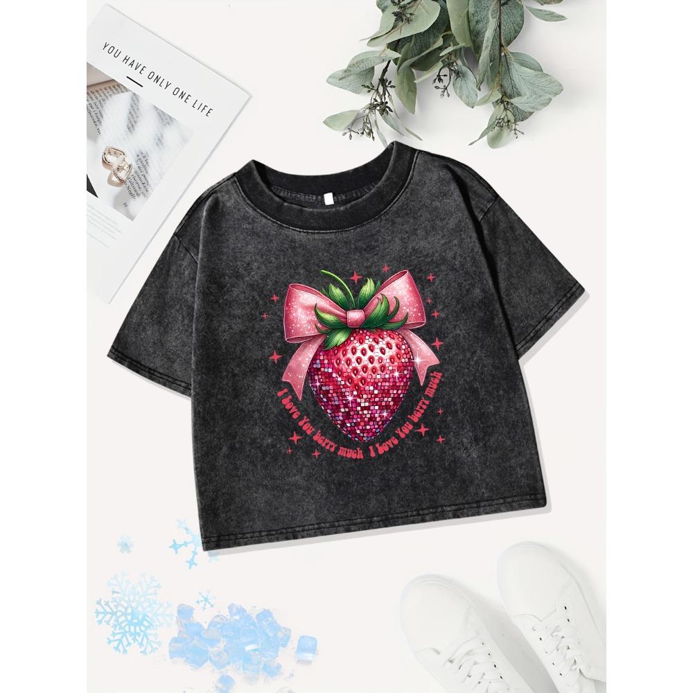 Summer Cotton Crop Tops Womens I Love You Very Much, Strawberry Prints Washed T-Shirt Regular Fit Tees Y2K Clothes