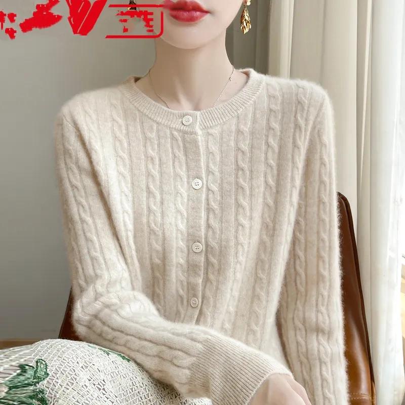 

Autumn Winter O-neck Women Merino Wool Sweater Casual Cable Knitted Cardigan Tops Woman Cashmere Sweater XS бежевый