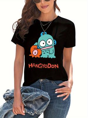 Hangyodon Grafisk T-shirt Retro Anime T-shirt Svart Tecknat Tryck Anime T-shirt Lekfull Design Lös Passform Enkel Design harajuku