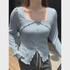 Women's Plus Size Square Collar Long-Sleeve Slimming T-Shirt for Spring