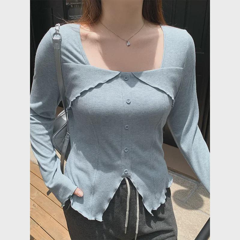 Women's Plus Size Square Collar Long-Sleeve Slimming T-Shirt for Spring