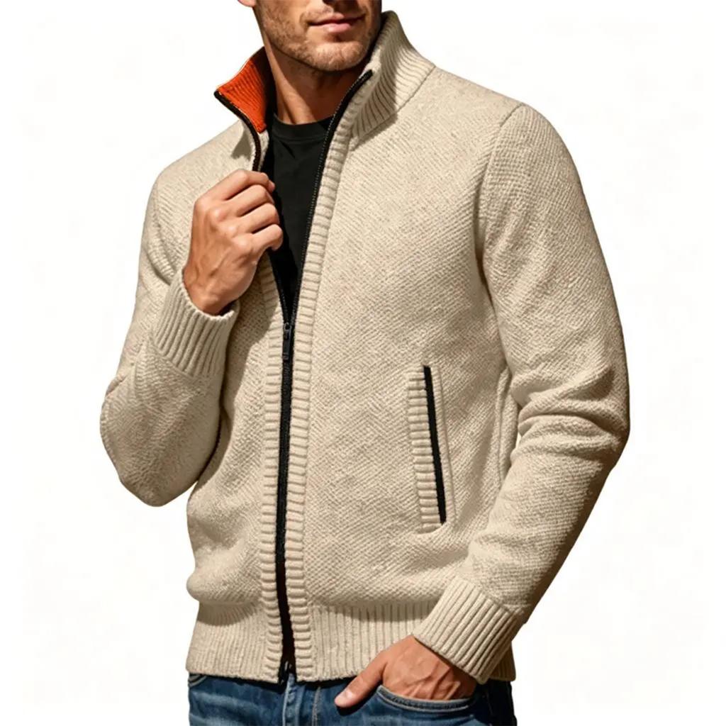 Men's Lined Long Sleeve Zip Up Sweater Cardigan with Stand Collar and Color Block Design