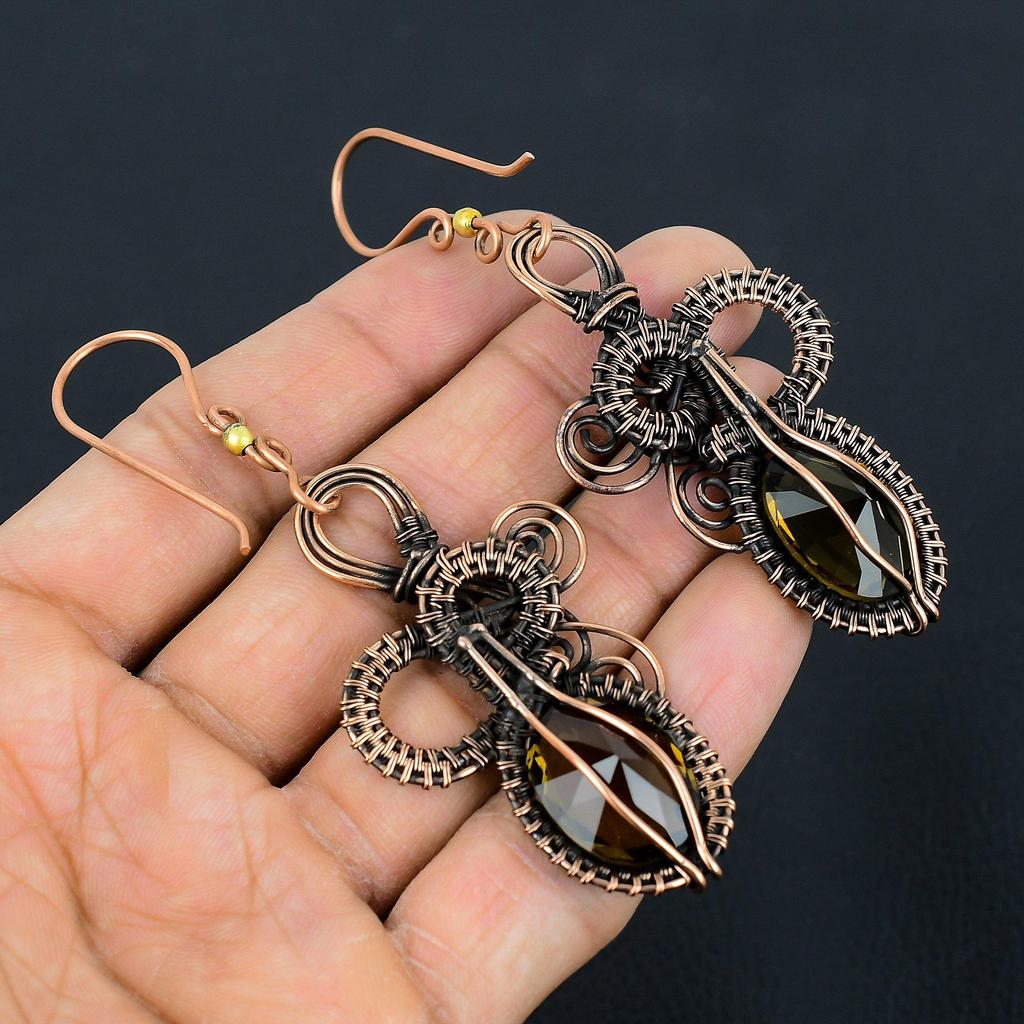 Smoky Topaz Earrings Gemstone Jewelry, 999 Copper Wire Wrapped Earrings, Handmade Beautiful Jewelry Earrings