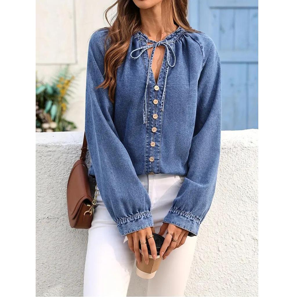 Plus Size Women's V-Neck Denim Jacket with Button Detail - Casual Washed Blue Style
