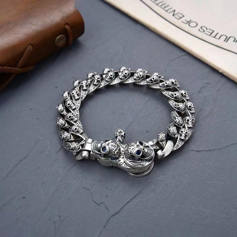Six -Character Mantra Silver Bracelet 18 /20 /22cm Retro Hip Hop Skull Chain Men 'S Birthday Party Engagement Style Jewelry Gift