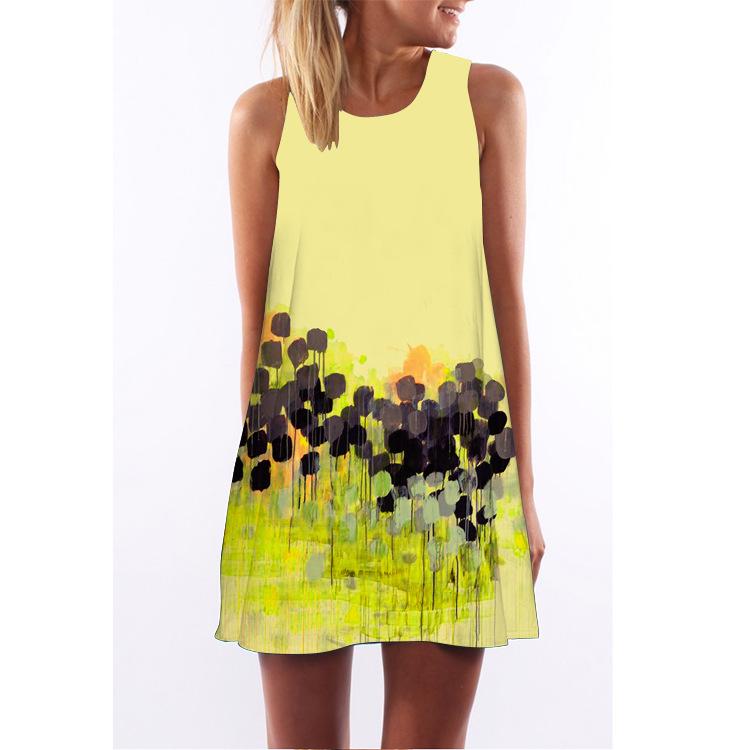 European Station European and American New Retro Digital Printing Round Neck Hot-selling Off-the-shoulder Medium and Long Vest Dress