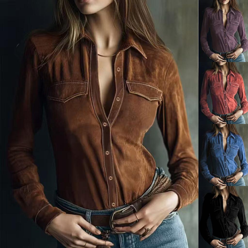 New Long-sleeved Deer Suede Shirt – Women’s Fitted Casual Shirt with Pockets