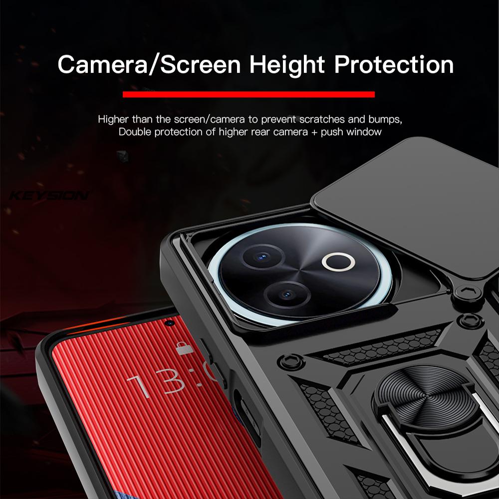 KEYSION Shockproof Armor Case for VIVO Y39 5G Silicone+PC Slide Camera Lens Protection Ring Stand Phone Cover for VIVO Y39 5G