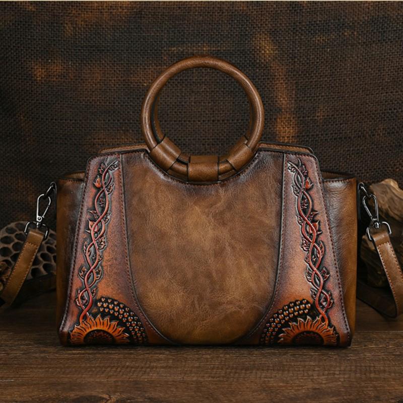 

Johnature Vintage Embossed Exquisite Handbag Большая вместимость Универсальная женская сумка через плечо кофейный