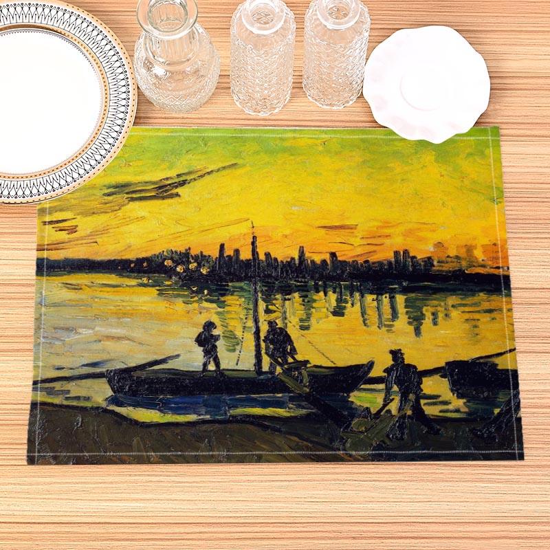 Van Gogh Painting Print Linen Dining Table Mats Kitchen Placemat 30X45cm Coasters Pads Bowl Cup Mat