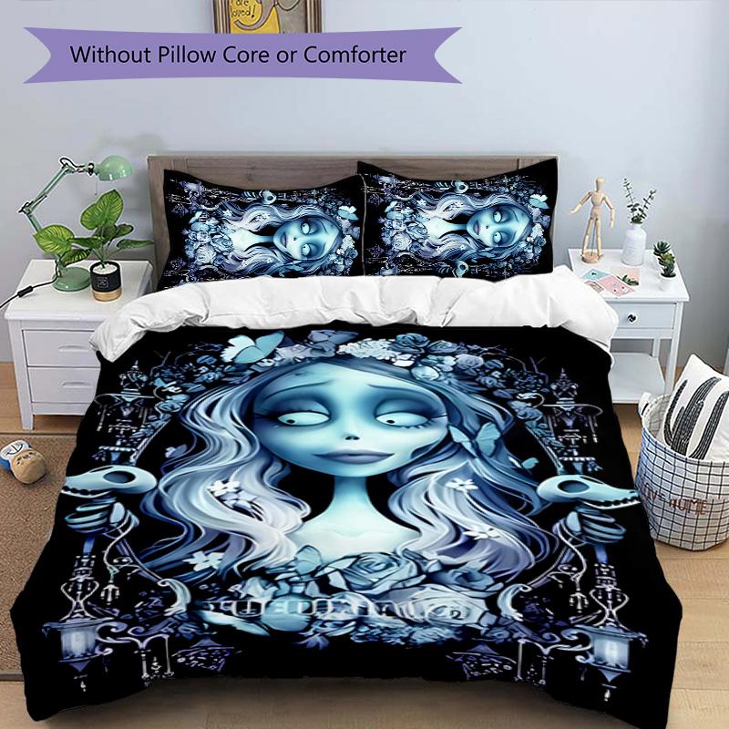 3-teiliges Trauerliebe Das Corpse Bride Muster Bettwäsche-Set Bettbezug-Set beinhaltet Bettbezug & Kissenbezüge, perfekte Ganzjahres-Schlafzimmerdekoration & Geschenk