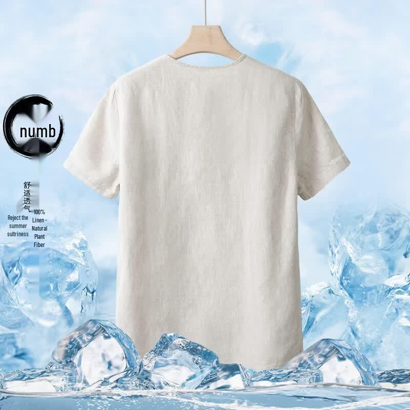 Hengyuanxiang Men's Retro Linen Short-Sleeve T-Shirt