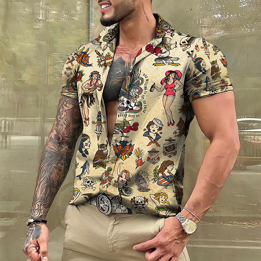 T-shirt con tatuaggio estivo Camicie hawaiane da uomo Marca Manica corta Top Magliette Camicetta casual da uomo Moda Camisas De Hombre Abbigliamento