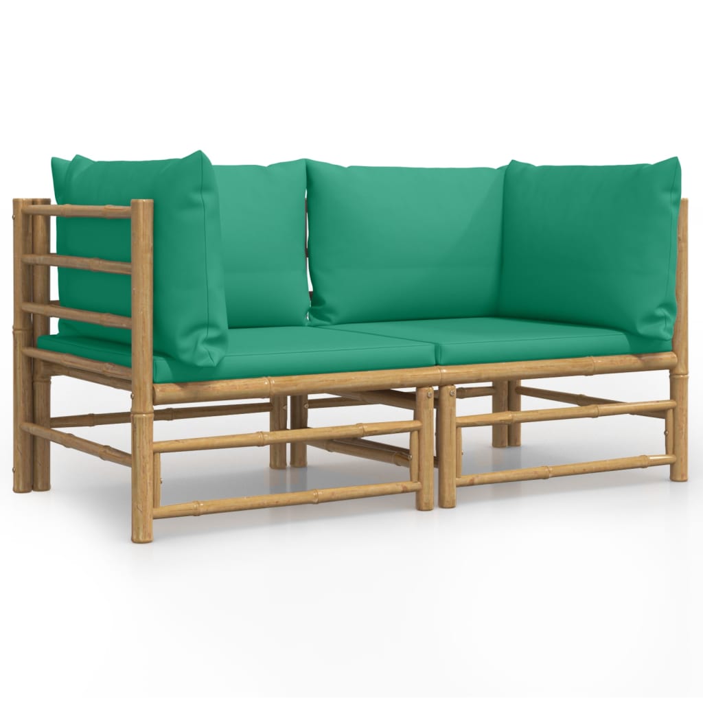 Garden Corner Sofas with Green Cushions 2 Pcs Bamboo Brown