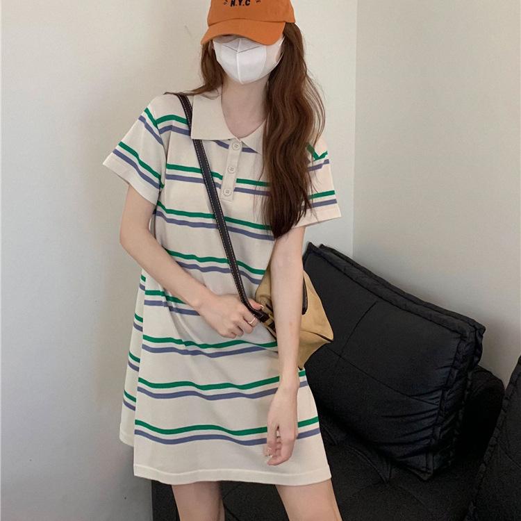 

Women s Striped Summer Polo Dress - Loose Knit Bell-Sleeve Design One size