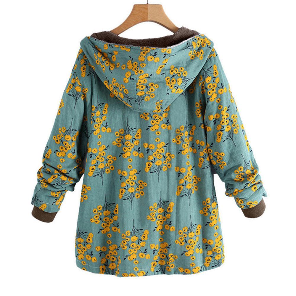 Kvinners vintervarme yttertøy med blomstertrykk Hettelommer Vintage oversize kåper