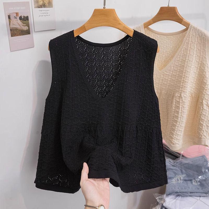 Plus-Size French Hollow V-Neck Sleeveless Camisole - Summer Loose Fit, 2-300 Jin Women's Top