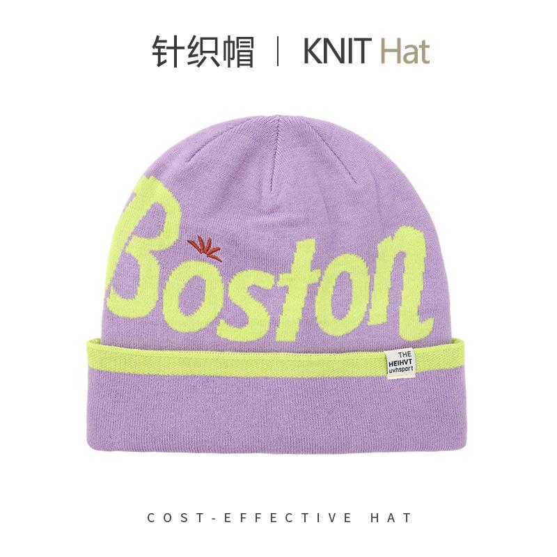Fashion knitted hats men's and women's autumn and winter warm ear protection letter cold hat outdoor versatile big head circumference wool hat