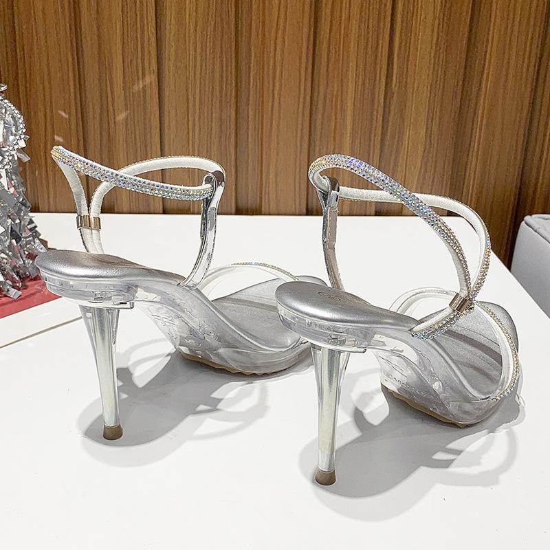 Sandale de damă cu toc înalt, cu vârf ascuțit și curea, stil stiletto, de primăvară și cristale, cu toc înalt, la modă și nuntă