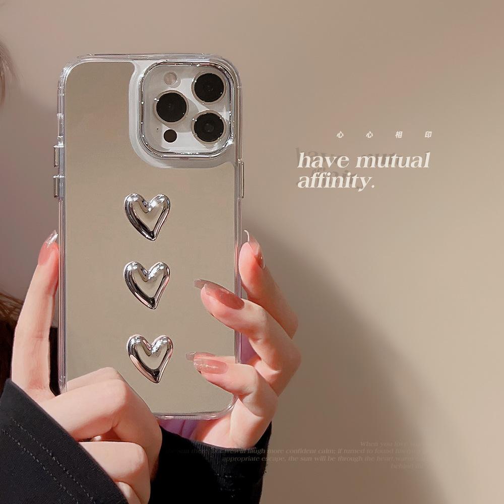 Metal Three-dimensional Heart 17 for 11 for Apple 15ProMax Phone Case for IPhone16 Light Luxury Style 14 Mirror Trend