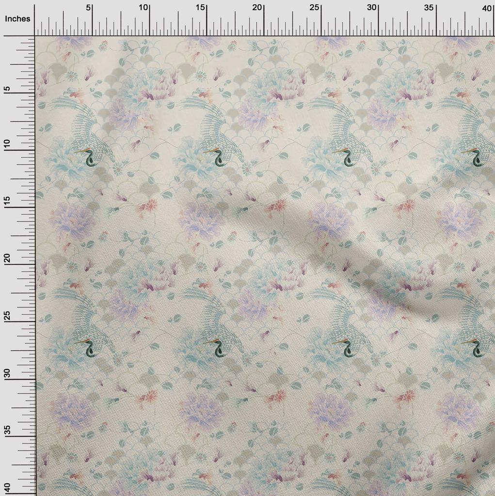 oneOone Cotton Flex Off White Fabric Floral & Peacock Quilting Supplies Print Sewing Fabric By The Yard 40 Inch
