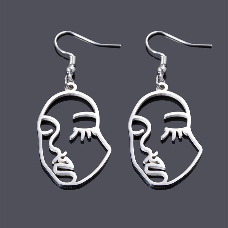 Fashion Silver Color Hollow Abstract Face Dangle Earrings Stainless Steel Earrings For Women Hip Hop Jewelry
