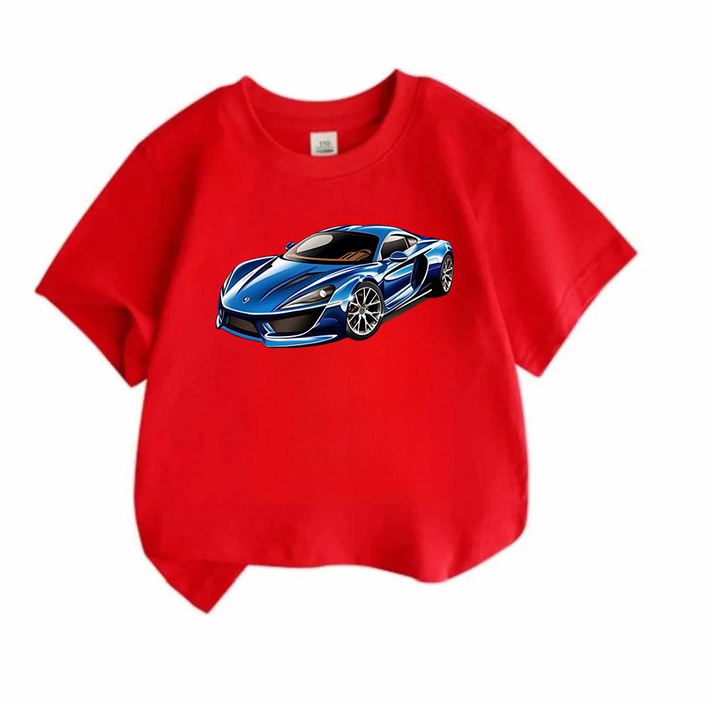 Kids Boys Girls Crew Neck Short Sleeve 100% Cotton T-Shirt, Cool Blue Sports Racing Super Car Print Casual Tees for Toddlers Children Daily Wear Summe