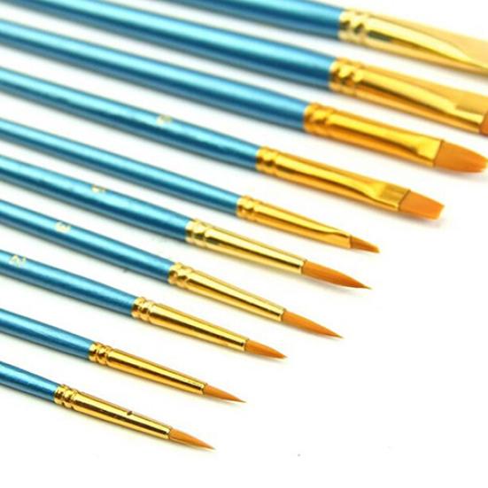10x Round Pointed/Flat Tip Nylon Hair Acrylic Watercolor Artist Paint Brush