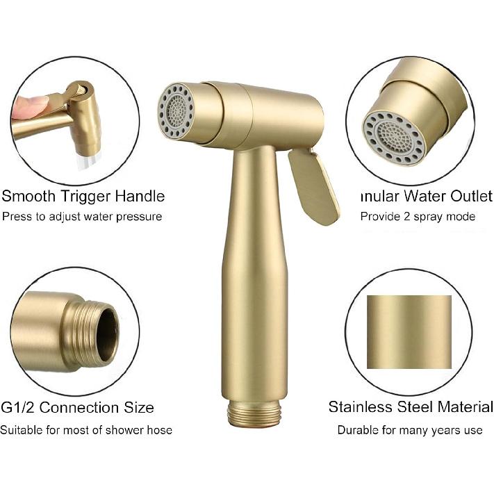 Brushed Gold Bidet Faucet Sprayer Head, Biveah Double Mode Toilet Sprayer Stainless Steel Kitchen Side Sprayer Head Replacement, KXS011BG