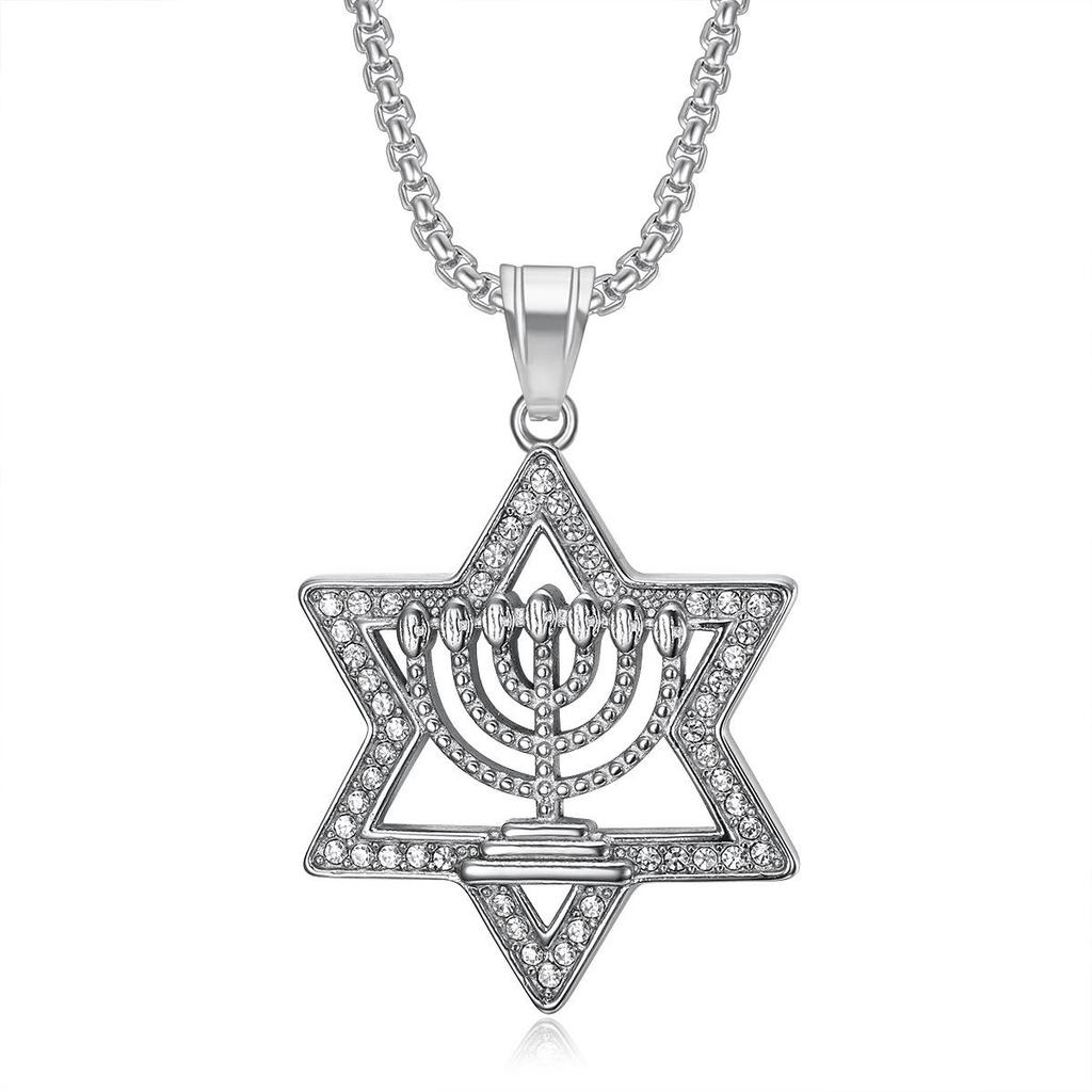 Zirconium Hexagonal Star Pendant Titanium Steel Hip Hop Men Necklace European American Middle Eastern Style Jewelry