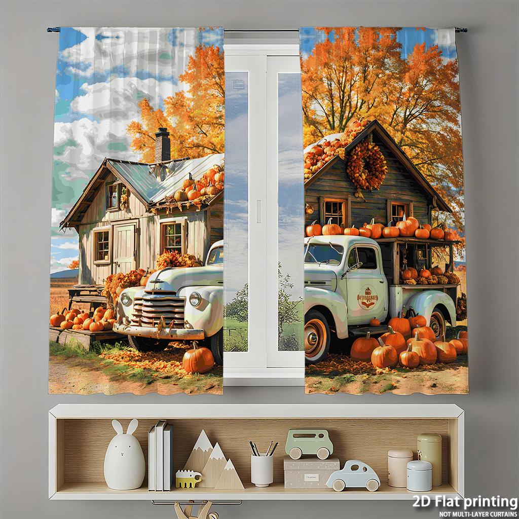 Piece Set High Definition Digital Printed Curtainsautumncolorcountrystylehousepumpkinoldtruckhome Decoration Style Curtain Polyester