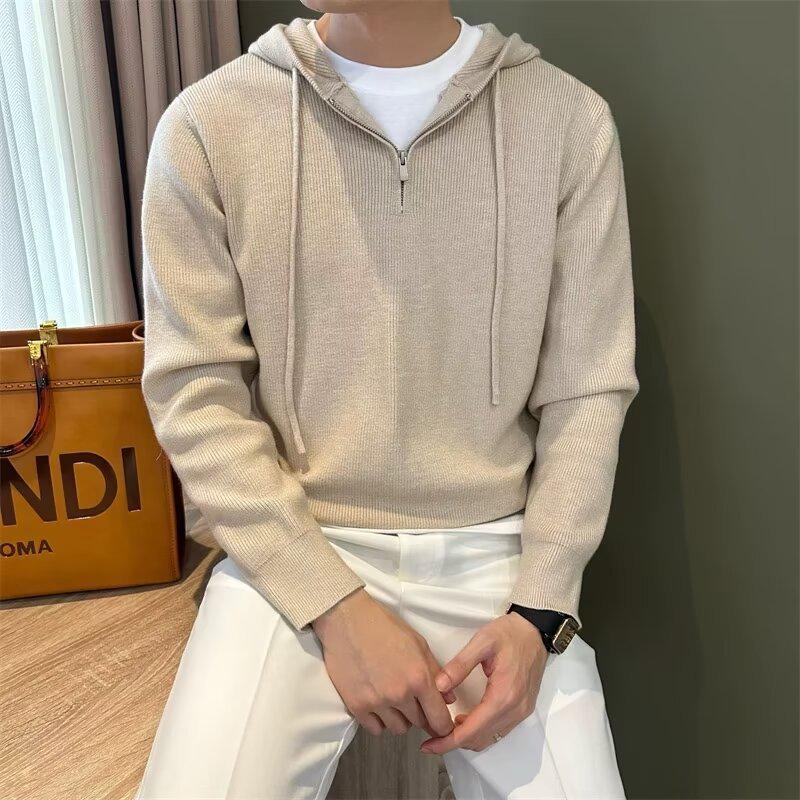 Men's 2024 Autumn Winter Casual Knit Pullover Hoodie - Drop Shoulder, Half Zip, Versatile.