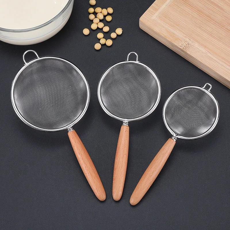 304 Stainless Steel Mesh Filter Spoon with Wooden Handle Flour Filter Spoon Household Kitchen Fried Food Filter Oil Skims