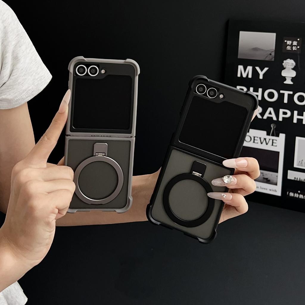 Pro Samsung Galaxy Z Flip6 5G Magnetické pouzdro Stojánek Nárazuvzdorný Matný PC+TPU Kryt na telefon