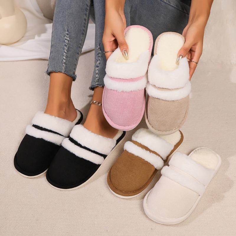 Cross-border Wholesale Rabbit Hair Splicing Cotton Slippers Home Wool Thick-bottomed Slippers Men's Plush Fluffy Slippers Women's